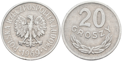 ПОЛЬША 20 ГРОШЕЙ 1969 MW KM A47 алюминий VF 190-143