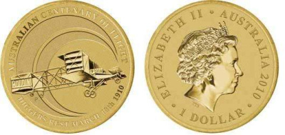 Австралия 1 доллар 2010 100 лет первого авиаполета в Австралии, биплан, самолёт KM 1382 алюминиевая бронза UNC M40-04