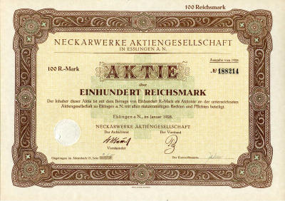 Германия 100 рейхсмарок 1928 АО Неккарверке в Эсслингене, акция   бумага   8801-69-1