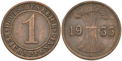Германия 1 рейхспфенниг 1933 A KM 37, J. 313 бронза 4189-1223