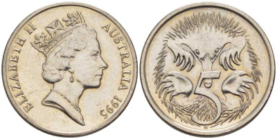 АВСТРАЛИЯ 5 ЦЕНТОВ 1995 ЕЛИЗАВЕТА II, ВТОРОЙ ПОРТРЕТ В КОРОНЕ, ЕХИДНА KM 80 медно-никель 105-325