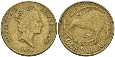 Новая Зеландия 1 доллар 1990 Елизавета II (1952-2022), птица киви KM 78 алюминиевая бронза 29-452