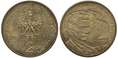 Польша 2 злотых 2011 MW, 70 лет со дня смерти Игнация Яна Падеревского (1860-1941) KM 789 нордик 111-443