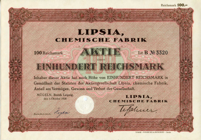Германия 100 рейхсмарок 1928 АО Липсия, химический завод, акция   бумага  8803-16-1