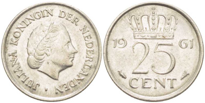 НИДЕРЛАНДЫ 25 ЦЕНТОВ 1961 ЮЛИАНА (1948-1980) KM 183 никель 214-932