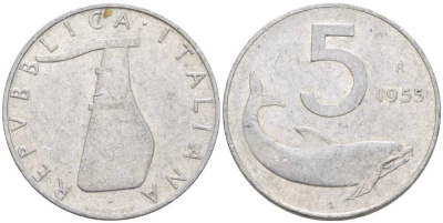 ИТАЛИЯ 5 ЛИР 1955 R, РУЛЬ, ДЕЛЬФИН KM 92 алюминий 175-133