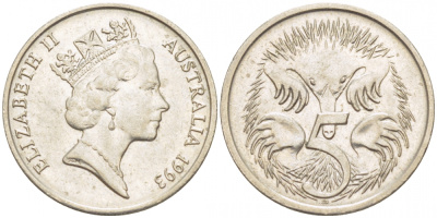 АВСТРАЛИЯ 5 ЦЕНТОВ 1993 ЕЛИЗАВЕТА II, ВТОРОЙ ПОРТРЕТ В КОРОНЕ, ЕХИДНА KM 80 медно-никель 3851-1137