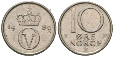 Норвегия 10 эре 1989 Улаф V (1957-1991) KM 416 медно-никель UNC 4621-328