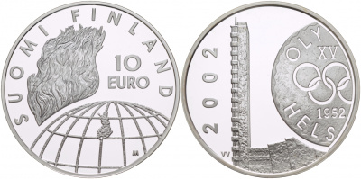 Финляндия 10 евро 2002 50 лет Олимпиаде 1952 года в Хельсинки KM 107 серебро PROOF 05-091-12