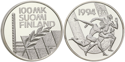 Финляндия 100 марок 1994 стадион дружбы, бег KM 78 серебро  PROOF  1095-1-11
