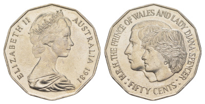 Австралия 50 центов 1981 Свадьба Принца Чарльза и Леди Дианы KM 72 медно-никель UNC 38-732