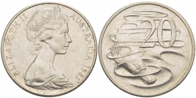 Австралия 20 центов 1981 Елизавета II (1952-2022), утконос KM 66 медно-никель 115-1024
