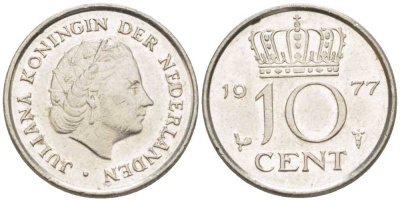 НИДЕРЛАНДЫ 10 ЦЕНТОВ 1977 ЮЛИАНА (1948-1980) KM 182 никель 211-1225