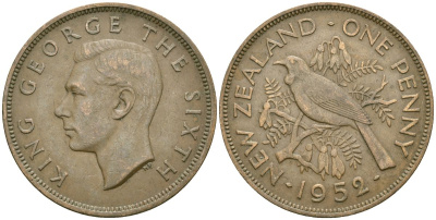 Новая Зеландия 1 пенни 1952 Георг VI (1936-1952), новозеландский туи KM 21 бронза 4542-1246