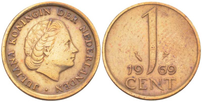 НИДЕРЛАНДЫ 1 ЦЕНТ 1969 ЮЛИАНА (1948-1980) KM 180 бронза 3309-337