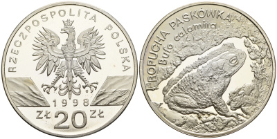 Польша 20 злотых 1998 серия сохраним наш мир, лягушка, тираж 20000 экз. KM 343, Par. 774 серебро PROOF 00-822-46