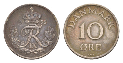 Дания 10 эре 1955 N, Фредерик IX (1947-1972) KM 841 медно-никель 4658-312