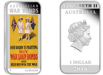 Австралия 1 доллар 2016 1-я Мировая война, постер Покупайте военный займ, коробка, сертификат KM NEW серебро PROOF 3-4-6-06