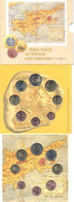 Кипр евронабор из 8 монет 2008 первый набор Кипра после вступления в еврозоны, в буклете  биметалл  UNC  7-6-1-23