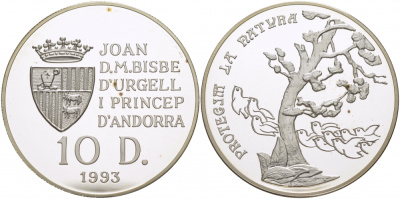Андорра 10 динеров 1993 дерево, защитим наш мир KM 84 серебро PROOF 1068-2-34