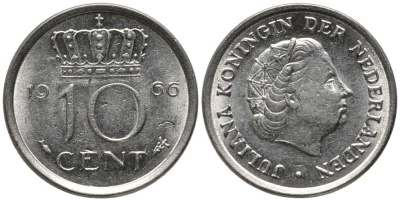 НИДЕРЛАНДЫ 10 ЦЕНТОВ 1966 ЮЛИАНА KM 182 никель 112-731