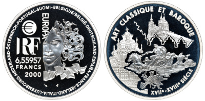 Франция 1 евро = 6,55957 франков 2000 классицизм и барокко в архитектуре (XVII- XVIII веков) в оригинальной коробке, с сертификатом KM 1226 серебро PROOF 4-3-3-15