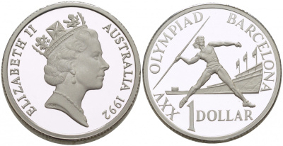 Австралия 1 доллар 1992 XXV Олимпийские игры 1992 года в Барселоне, копьеметательница, женский спорт KM 175a.1 серебро PROOF 272-521