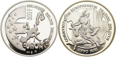 Бельгия 500 франков 2001 похищение Европы KM 222 серебро PROOF 01-167-34