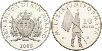 Сан-Марино 10 евро 2005 милиция, карабинеры, в оригинальной коробке, с сертификатом KM 344 серебро PROOF 7-1-59