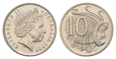 Австралия 10 центов 1999 Елизавета II (1952-2022), птица лирахвост KM 402 медно-никель 4384-333