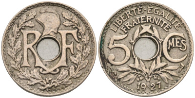 Франция 5 сантимов 1927 тип Lindauer, Petit Module, редкая KM 875, Le Franc 122.12 медно-никель 4580-1151