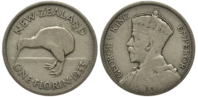 Новая Зеландия 1 флорин 1933 Георг V (1910-1936), птичка киви KM 4 серебро 272-1123