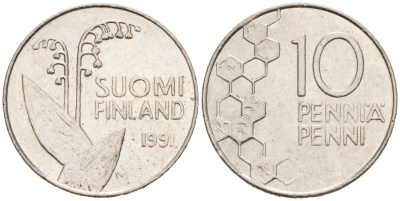 ФИНЛЯНДИЯ 10 ПЕННИ 1991 М, ЛАНДЫШ KM 65 медно-никель 192-1139