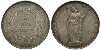 Ломбардия и Венеция 5 лир 1848 M, временное революционное правительство, звезда над короной KM 22.3, Dav. 206 серебро 00-817-05