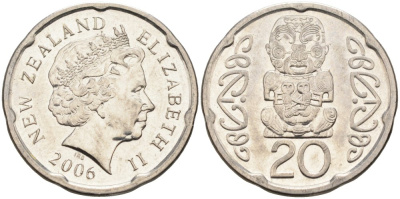 Новая Зеландия 20 центов 2006 Елизавета II (1952-2022), идол Пукаки KM 118а никелированная сталь 4579-1136