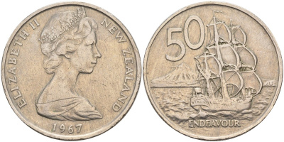 Новая Зеландия 50 центов 1967 Елизавета II (1952-2022), парусник Индевор KM 37.1 медно-никель 4131-1213