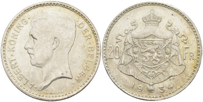 Бельгия 20 франков 1934 Альберт I (1909-1934), Der Belgen KM 104.1 серебро 4587-1111