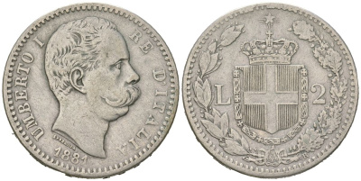 Италия 2 лиры 1881 R, Умберто I (1878-1900) KM 23 серебро 63-426