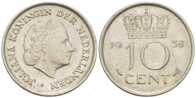 НИДЕРЛАНДЫ 10 ЦЕНТОВ 1958 ЮЛИАНА (1948-1980) KM 182 никель 214-1148