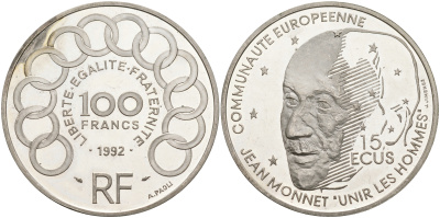 Франция 100 франков - 15 экю 1992 Жан Монне KM 1012 серебро  PROOF 02-127-43