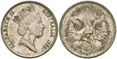Австралия 5 центов 1989 Елизавета II (1952- ), ехидна KM 80 медно-никель 4608-828