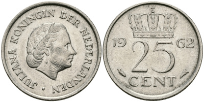 НИДЕРЛАНДЫ 25 ЦЕНТОВ 1962 ЮЛИАНА KM 183 никель 96-151