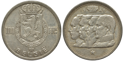 Бельгия 100 франков 1948 Belgie, королевская династия KM 139.1 серебро 443-822
