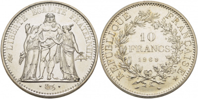 Франция 10 франков 1969 Геракл с богинями равенства и братства KM 932 серебро UNC 1074-6-44