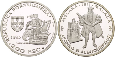 Португалия 200 эскудо 1995 Афонсу де Албукерки, захват Малакки в 1511 году KM 681а серебро PROOF 1081-6-52