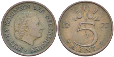 НИДЕРЛАНДЫ 5 ЦЕНТОВ 1973 ЮЛИАНА (1948-1980) KM 181 бронза 213-1123