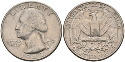 США 25 центов = квотер 1983 D, Вашингтон KM A164a медь плакированная медно-никелем 4584-1156