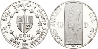 Андорра 10 динеров 1995 Рамон Беренгер III (1082-1131), таможенный союз ECU KM 105 серебро PROOF 11-236-15