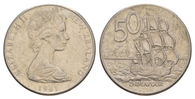 Новая Зеландия 50 центов 1981 Елизавета II (1952-2022), парусник Индевор KM 37 медно-никель 4645-623