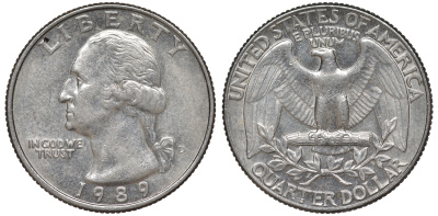 США 25 центов = квотер 1989 D, Вашингтон KM A164a медь плакированная медно-никелем 4556-252